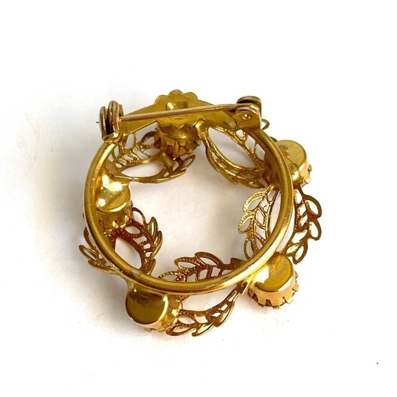 Vintage Wreath Brooch Faux Citrine Rhinestone Gold - Picture 5 of 7